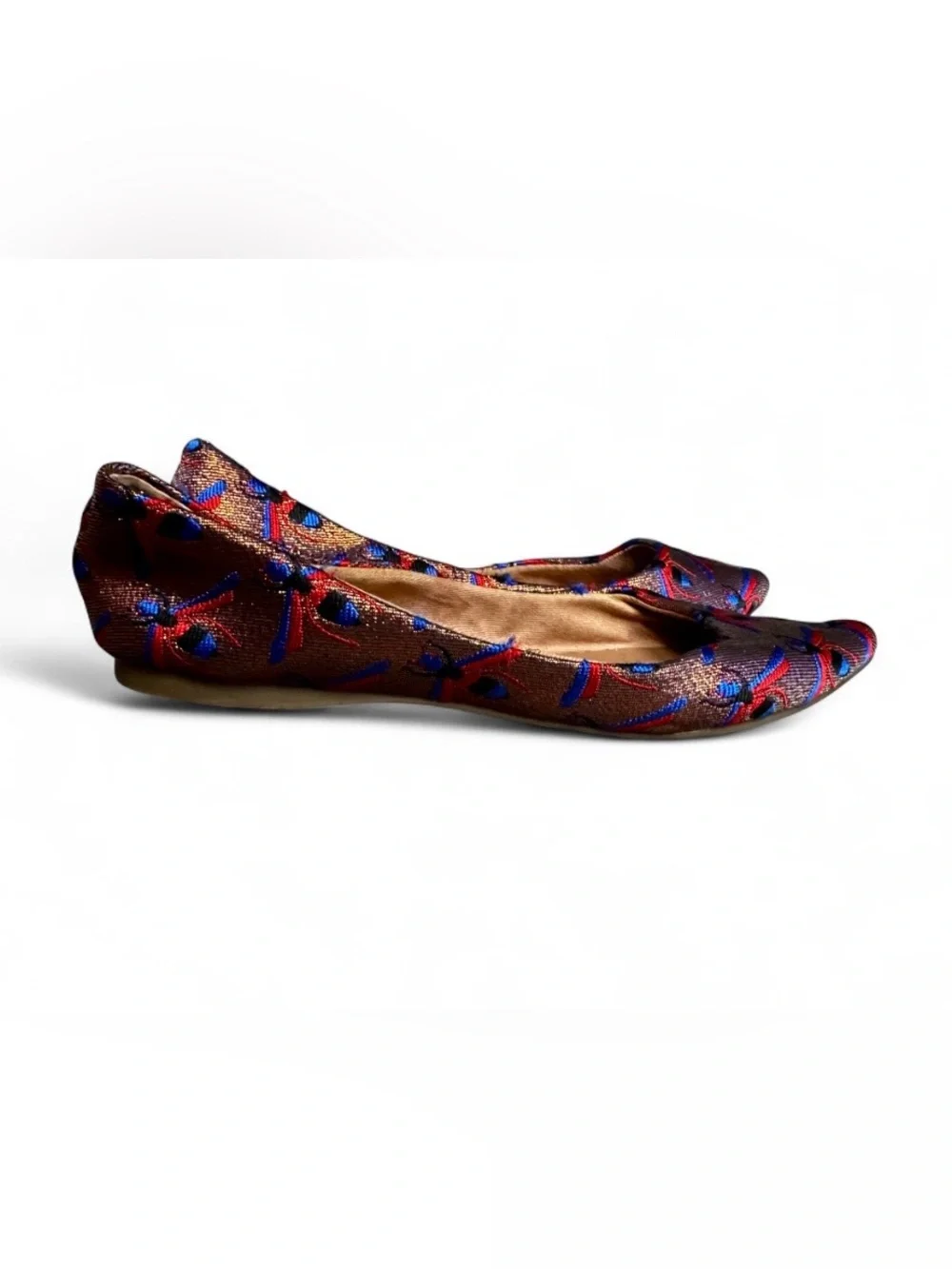 Steve Madden Embroidered Bee Woah copper, red, and blue ballet flats size 5